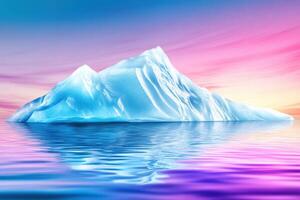 Floating iceberg with crystal-like textures glowing under a twilight sky reflecting vibrant gradients over serene waters photo