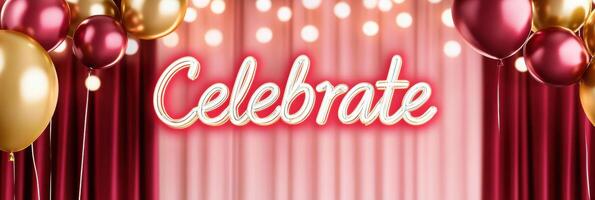 Chic party backdrop featuring burgundy drapery and fairy lights with a neon sign reading Celebrate, adorned with metallic balloons for a festive atmosphere photo