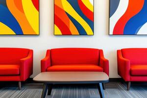 Modern lounge area in office features vibrant red sofas and abstract art, creating a dynamic and cozy atmosphere for relaxation and collaboration photo