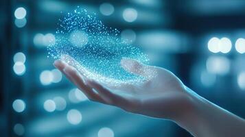 Floating digital hologram interface displayed above a hand in a dimly lit technology room with vibrant blue gradients photo