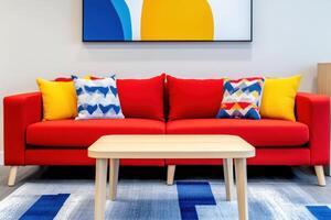 Modern lounge area with vibrant red sofas and abstract art creating a dynamic atmosphere in a contemporary office space photo