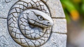 Symbol of the ouroboros carved in stone circles the eternal cycle of life and knowledge photo