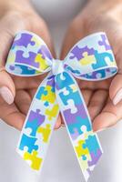 Close-up view of hands gently holding a ribbon featuring the autism awareness puzzle pattern, demonstrating support and solidarity in the community for autism awareness initiatives photo