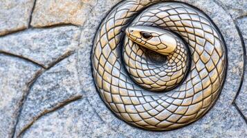 Symbolic snake curled in a circle biting its own tail on an ancient stone tablet representing the concept of Ouroboros and eternal cycles of life photo