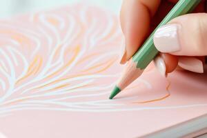 Close-up of hands sketching a design on a dusty pink notebook with a muted green pencil in a creative workspace photo