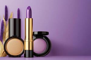 Luxury makeup set featuring taupe powders, bold purple lipsticks, and sleek black mascara tubes against a stylish purple backdrop photo
