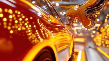 Cutting-edge robotic arm assembling bright orange car parts in a sleek factory environment with modern design photo