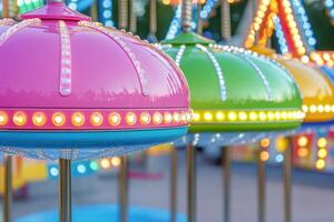 Colorful carnival rides with glowing lights create a vibrant atmosphere for visitors enjoying a fun-filled day at the fairground photo