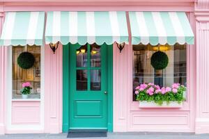Boutique storefront featuring muted green signage and dusty pink accents with floral displays in a charming urban setting photo