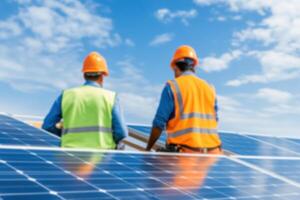 Workers at a construction site using eco-friendly materials and solar panels discuss sustainable building practices under a clear sky photo