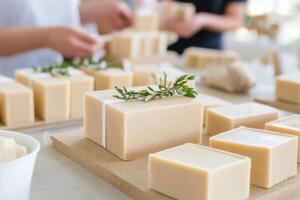 Participants engage in sustainable living workshop creating handmade soap with natural ingredients and eco-friendly packaging photo
