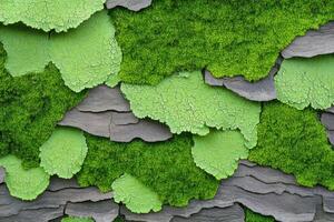 Intricate moss patterns on tree bark display soft green tones and pastel hues in a serene forest setting during daylight hours photo