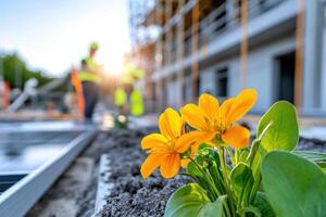 Construction site demonstrating eco-friendly building practices with workers and plants in the foreground photo