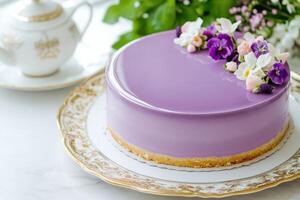 Delightful purple cake adorned with fresh flowers on elegant table setting alongside a fine china tea set photo