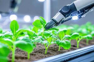 High-tech sustainable farm utilizing robotic arms for planting green seedlings in nutrient-rich soil with grow lights photo