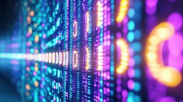 Glowing neon sign in a dark room featuring vibrant gradients of purple, light blue, and cyan creating a futuristic atmosphere for modern spaces photo