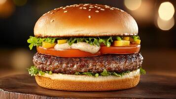 Plant-based burger served on rustic wooden plate with fresh vegetables and sauces for a healthy lifestyle concept photo