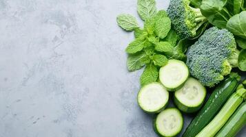 Fresh vegetables including cucumber, broccoli, and mint arranged in an overhead flat lay on a light grey background for healthy meal preparation or cooking inspiration photo