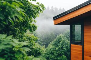 Modern treehouse nestled in lush greenery with misty treetops creating a serene atmosphere in a tranquil forest setting photo