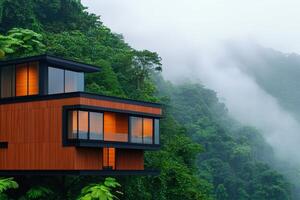 Modern treehouse nestled in lush green foliage with soft beige mist enveloping the treetops during early morning photo
