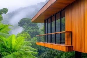 Modern treehouse nestled in lush greenery with warm wooden walls and soft mist enveloping the treetops photo