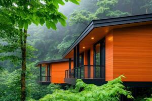 Modern treehouse nestled among lush green foliage with warm wooden walls and soft mist enveloping the treetops at dawn photo