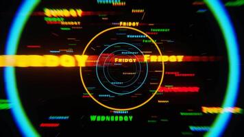 Abstract spiral with days of the week in neon colors on a dark background video