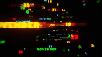 Abstract digital art with glowing text representing the month of November in vibrant neon colors on a dark background video