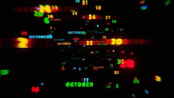 Abstract digital art with glowing text representing the month of October in striking neon colors on a dark background video