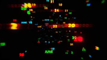 Abstract digital art with glowing text representing the month of June in vivid neon colors on a dark background video