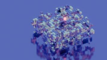 Illuminated Cube Among Abstract Geometric Blocks in Futuristic Digital Art video