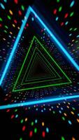 Futuristic glowing triangular tunnel with colorful dots on a dark background video