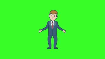 A cartoon man in a suit, standing on a green screen, moving and gesturing confidently in 2D animation. video