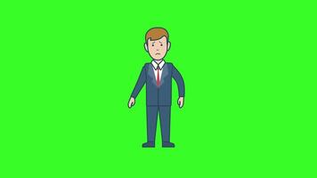 A cartoon man in a suit standing on a green screen, animated in 2D with a professional look and stance. video