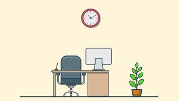 A 2D animated office desk with a computer, chair, and workspace essentials, showing a professional setup. video