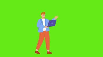 2D Character Animation of a Man Standing with a Laptop on a Green Screen Background video