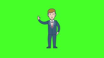 A cartoon man in a suit waving his hand in 2D animation, showing a friendly and welcoming gesture. video