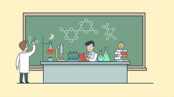 A cartoon scientist in a lab coat, working with test tubes and microscopes, surrounded by beakers and lab equipment. video