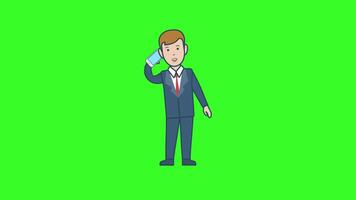A cartoon man in a formal suit, talking on a mobile phone with a cheerful expression, set against a plain green screen background for chroma key use. video
