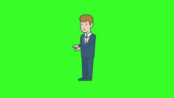 A cartoon man in a suit standing on a green screen, animated in 2D, with a professional and confident look. video