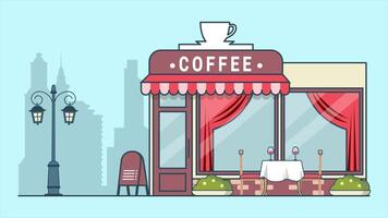 A cozy coffee shop with a table and chairs in front, inviting atmosphere, warm light, and calm street. video
