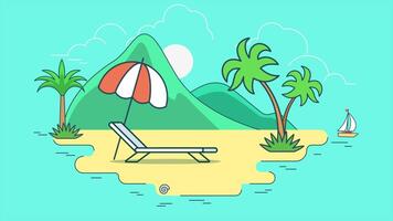 A beach chair and umbrella on a tropical island, with palm trees and blue ocean waves in 2D animation. video