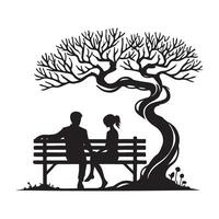 Silhouette of Couple Sitting Under a Twisted Tree vector