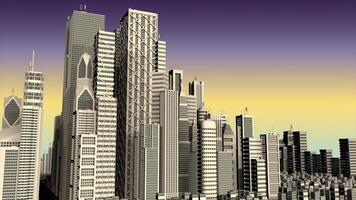Panoramic view of the passage of time from night to day of a modern city with white buildings. Loop sequence. 3d animation video