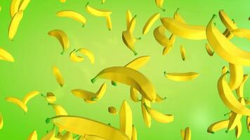 3D animation of falling bananas with a green gradient background in vertical view video