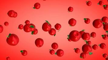 3D animation of falling apples with a red gradient background in vertical view video