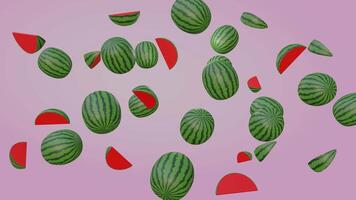 3D animation of a rotating cloud-like watermelon on a pink gradient background, complemented with a black and white luma matte video