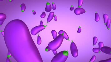 3D animation of falling eggplants with a purple gradient background in vertical view video