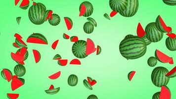 3D animation of falling watermelons with a green gradient background in vertical view video