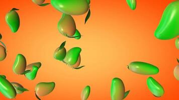 3D animation of falling mangoes with a red gradient background in vertical view video